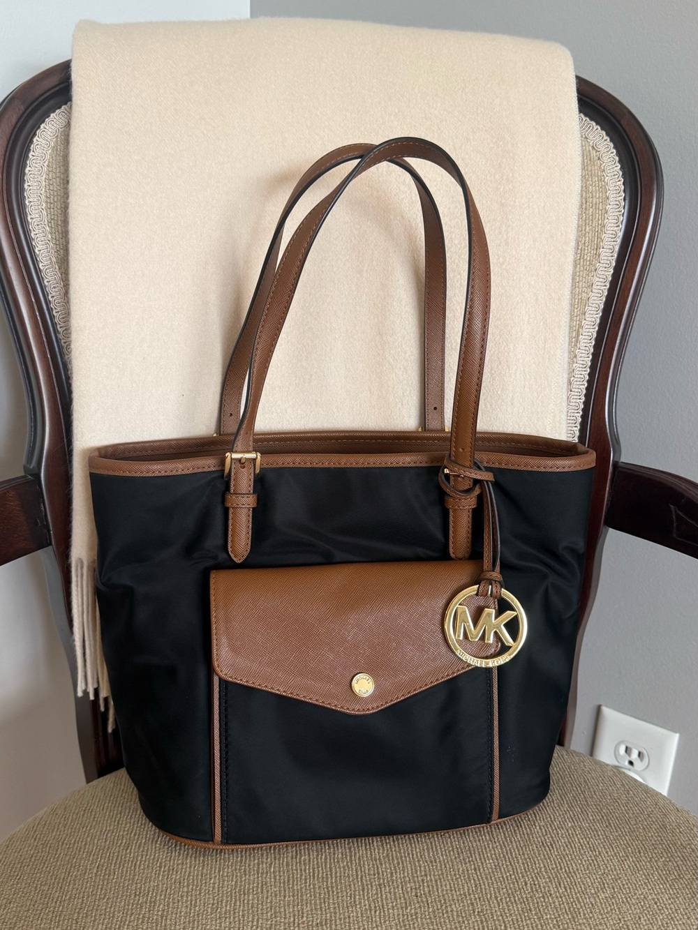 Michael Kors Black Nylon Tote with Brown Leather Trim and MK Charm